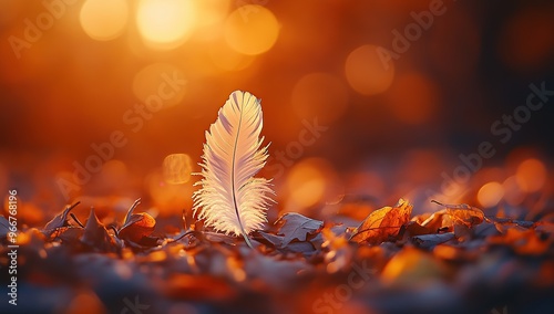 A delicate white feather delicately rests on the ground, surrounded by scattered autumn leaves photo