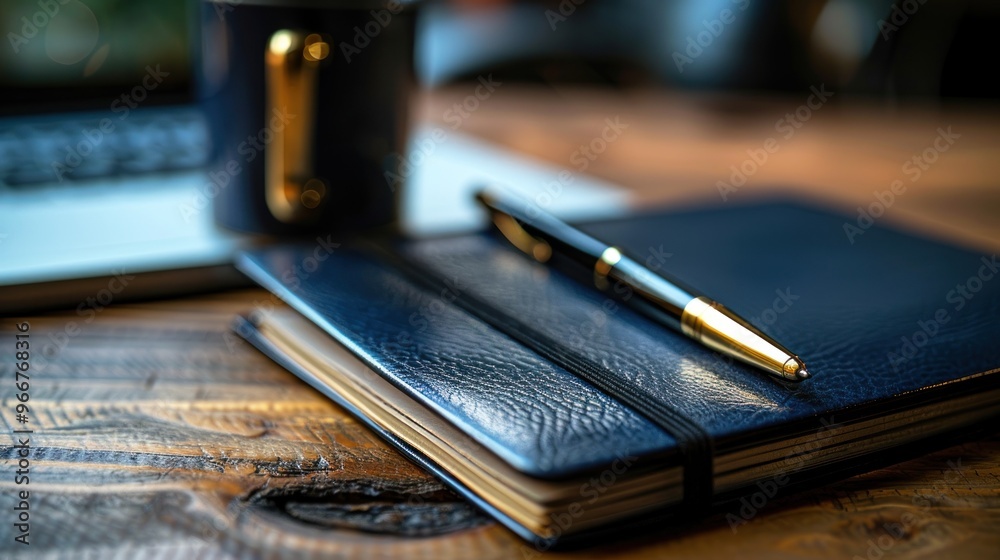 Close-up of a pen and a notebook on a wooden table. Close-up of a pen and a notebook on a wooden table.