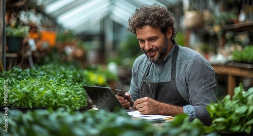 Smiling Man Working in Greenhouse photo