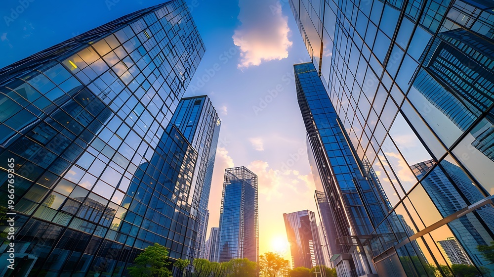 modern skyscrapers at sunset, with a focus on the reflection of the sky in the glass facades.