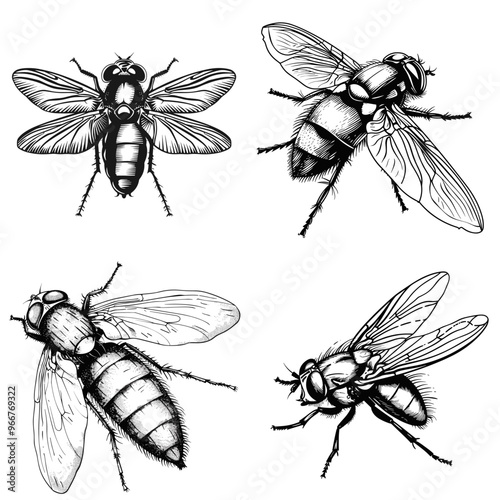 Four different types of flies are shown in black and white. The first fly is a large, hairy fly with a long, thin body. The second fly is smaller and has a more rounded body