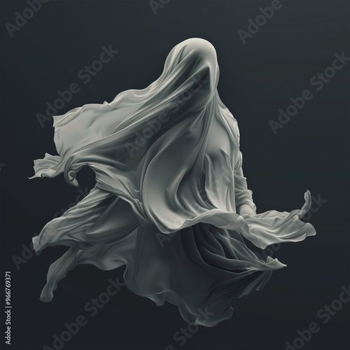 Haunting Ghost Draped in Flowing Fabric in Dark Fantasy Scene 