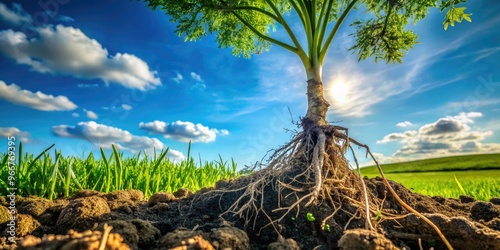 A low-angle shot of a stolon, a long stem that produces roots and shoots, growing above the soil surface in a lush green meadow environment. photo