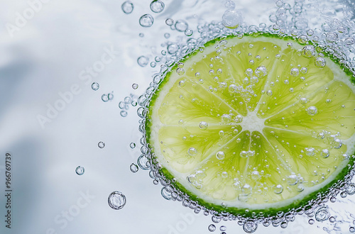 Close up of fresh lime slice in sparkling water isolated on white background with bubbles photo