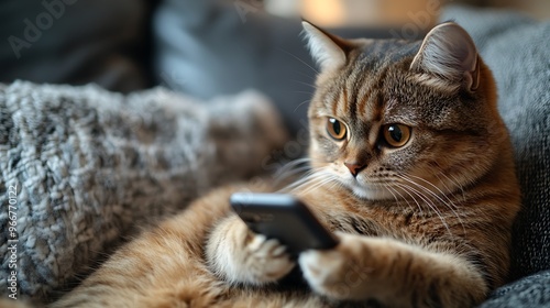 A tabby cat is lying on a couch with a smartphone in its paws, looking intently at the screen.