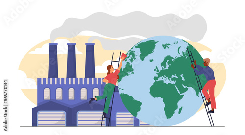 People cleansing planet. Man and woman with rag cleaning globe. Cleanliness and hygiene. Care about ecology, nature and environment. Flat vector illustration
