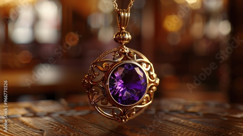 Purple Gemstone Pendant on Wooden Surface.