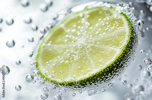 Close up of fresh lime slice in sparkling water isolated on white background with bubbles