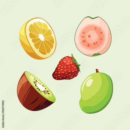 Tropical Fruits Shiny Colorful Vector Clip Art