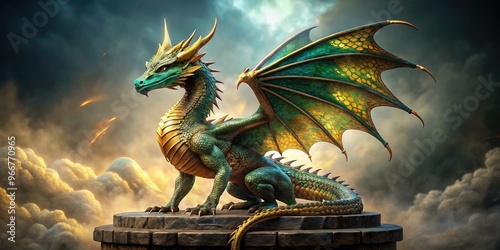 A majestic dragon with scales shimmering in shades of emerald and gold, wings outstretched, sits serenely on a simple, rustic stone pedestal in a misty atmosphere. photo