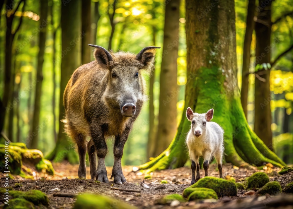A majestic European wild boar stands beside a curious goat, both exploring a lush forest floor surrounded by vibrant greenery and ancient tree trunks. A majestic European wild boar stands beside a curious goat, both exploring a lush forest floor surrounded by vibrant greenery and ancient tree trunks.