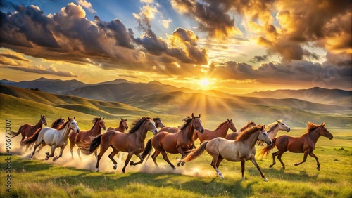 A majestic herd of horses gallops freely in unison across a sun-kissed, vast open meadow surrounded by rolling hills and serene, wispy clouds. photo