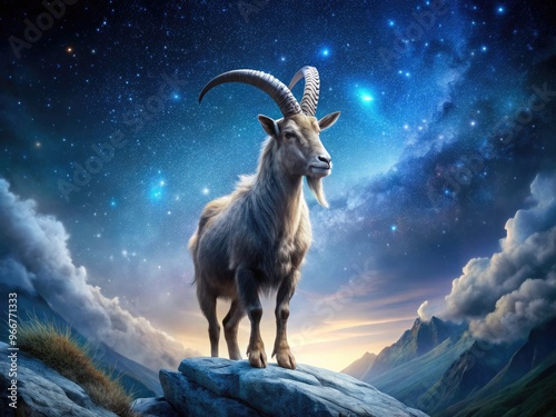 A majestic, horned goat-like creature with a regal, confident demeanor, set against a starry night sky, symbolizing ambition and perseverance in a mystical landscape.