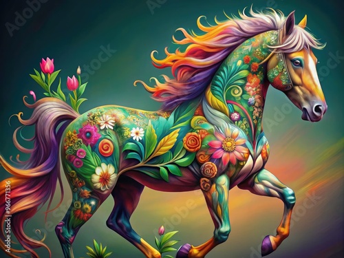 A majestic horse's body is intricately adorned with vibrant, colorful tattoos of flowers, leaves, and abstract patterns, blending equine beauty with artistic expression.