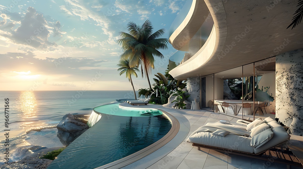 Fototapeta premium Modern architectural masterpiece perched on a cliff overlooking the ocean, featuring a sleek infinity pool and luxurious outdoor living spaces.