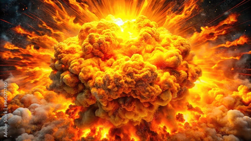 A massive, fiery explosion erupts in a chaotic blast of orange and yellow flames, sending debris flying in all directions with intense energy and force. A massive, fiery explosion erupts in a chaotic blast of orange and yellow flames, sending debris flying in all directions with intense energy and force.