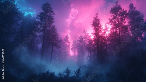 Eerie Foggy Forest Illuminated by Pink and Blue Nebulae