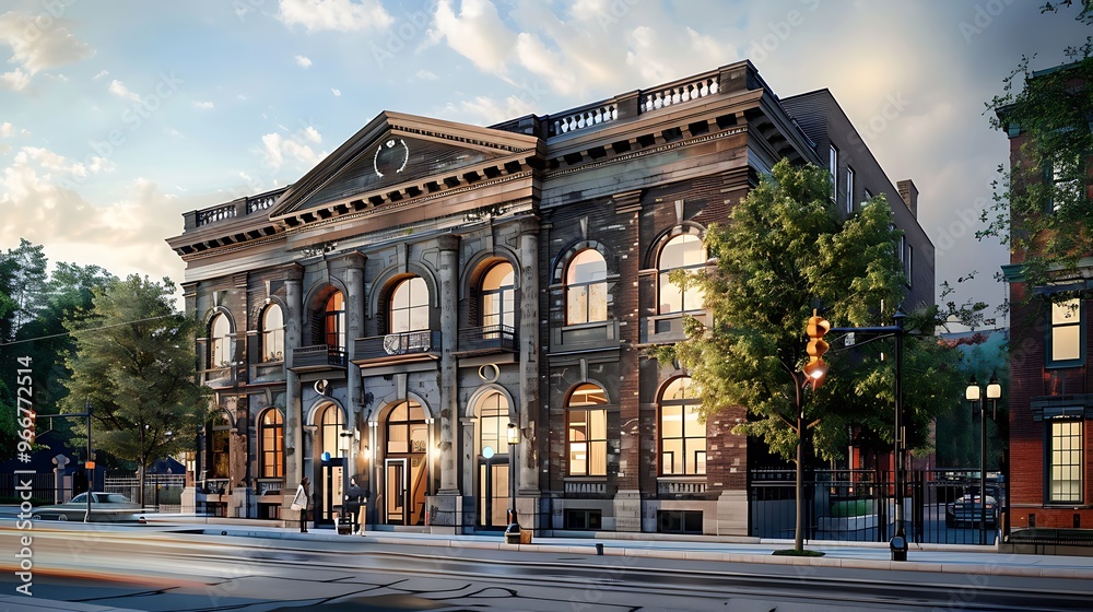 Fototapeta premium Historic building showcasing its classic architecture, showcasing a beautiful blend of old and new styles. The building's exterior boasts intricate details, elegant windows,