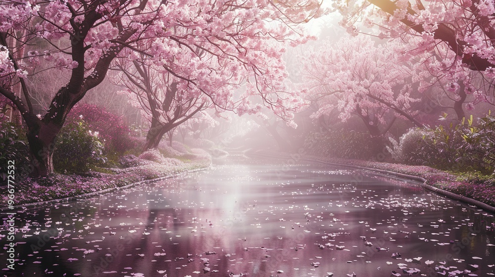 Fototapeta premium Tranquil Cherry Blossom Garden: Aesthetic Scene Created by Generative AI