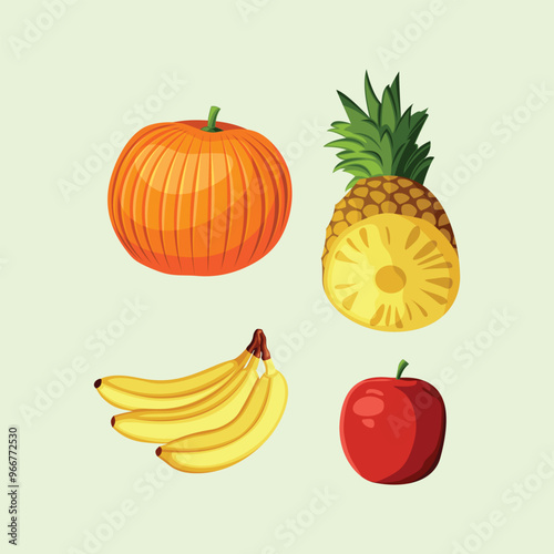 Fruits Pumpkin Pineapple Banana Apple Shiny Colorful Vector Clip Art