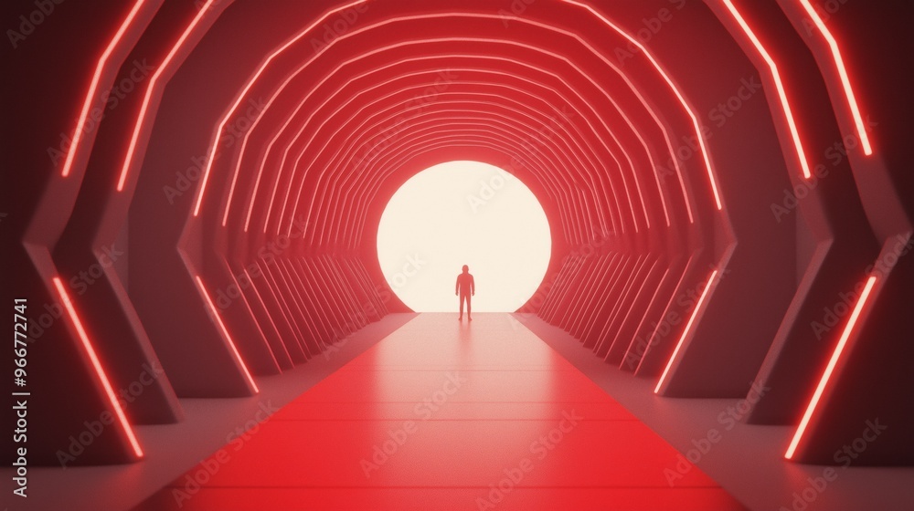 Naklejka premium A solitary figure walks towards a bright, glowing exit in a futuristic red-lit tunnel inviting curiosity and exploration.