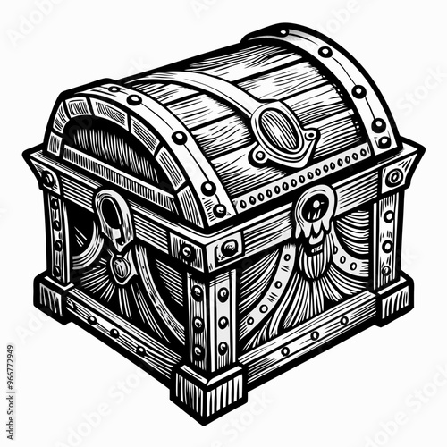 Ornate Wooden Treasure Chest Illustration with Vintage Design and Intricate Details