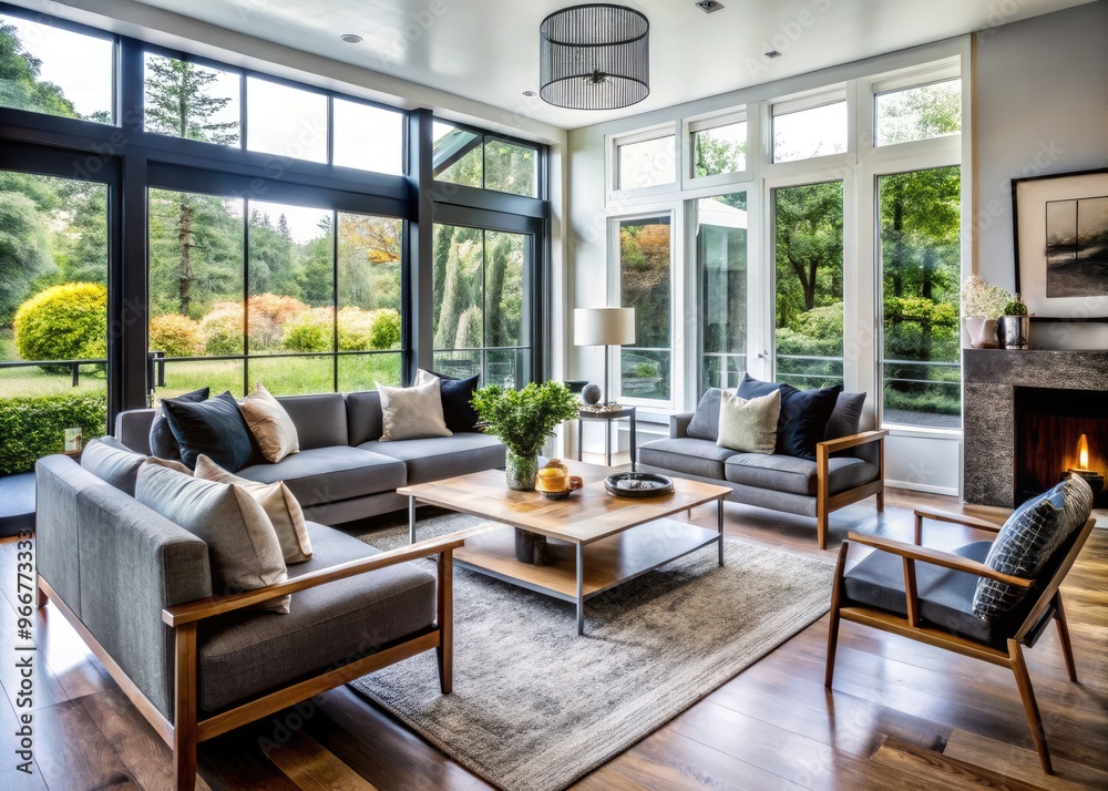 A modern, stylish living room renovation reveal, with sleek decor, large windows, and a stunned homeowner admiring the dramatic transformation. A modern, stylish living room renovation reveal, with sleek decor, large windows, and a stunned homeowner admiring the dramatic transformation.