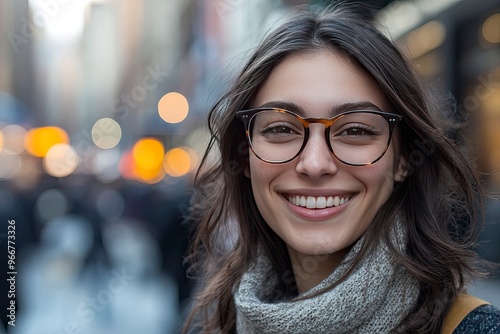 Woman, portrait and smile with glasses in closeup, entrepreneur and vision for career. Designer, happiness and worker with confidence on break in city for relax in town with professional, ai