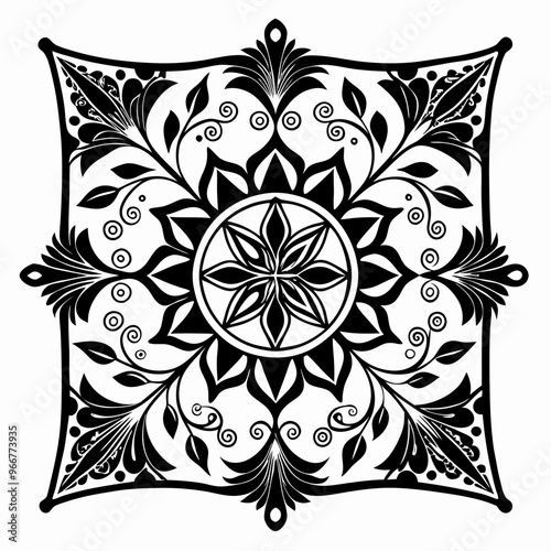 Intricate Black and White Floral Mandala Design with Symmetrical Leaf Patterns