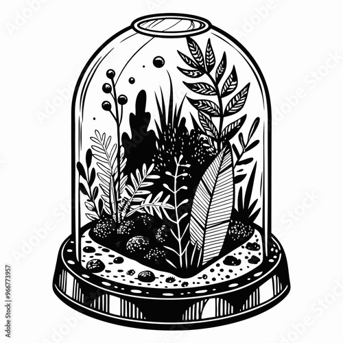 Monochrome Botanical Terrarium Illustration in a Glass Dome