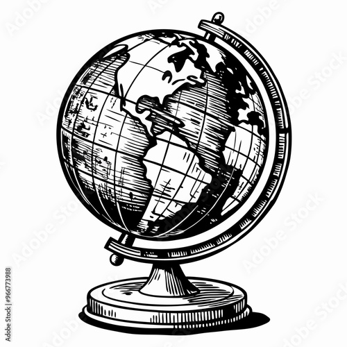 Vintage Black and White Sketch of a Globe on a Stand