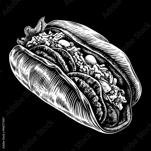 A black and white drawing of a hot dog with mustard and relish