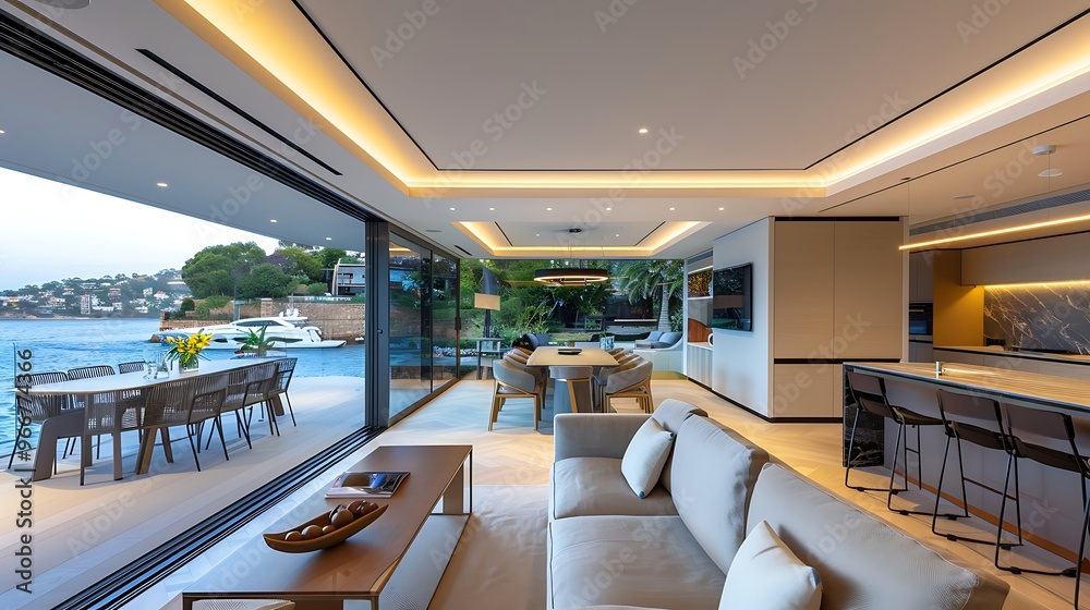 Modern living room with large windows sea view Interior is furnished with stylish comfortable sofa coffee table dining table modern island kitchen. Modern living room with large windows sea view Interior is furnished with stylish comfortable sofa coffee table dining table modern island kitchen.