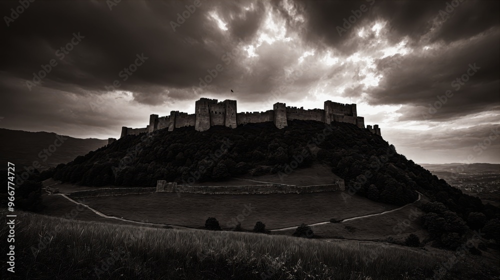 generative ai, Majestic Castle on Hill under Dramatic Cloudy Sky in Monochrome generative ai, Majestic Castle on Hill under Dramatic Cloudy Sky in Monochrome