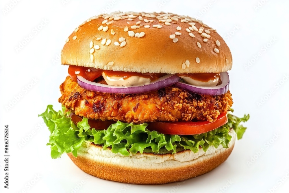 Delicious chicken burger, double burger with crispy chicken meat, salad and sauce isolated on white background , ai