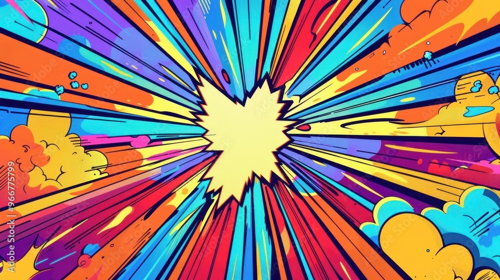 Fototapeta premium Comic book style power blasts with colorful energy beams and pop art style artwork