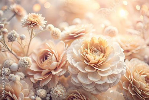 Softly Spoken: Delicate, creamy white flowers bloom in a captivating arrangement, bathed in a gentle, golden light. The soft focus and muted tones create a dreamy, ethereal atmosphere, perfect for wed