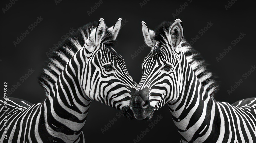 Naklejka premium Two zebras stand side by side, their heads close together as if they are mirroring each other.