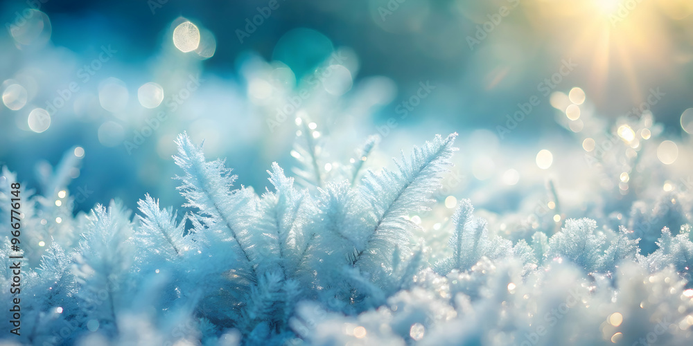 Frozen Delicate Beauty: A mesmerizing close-up of delicate frost crystals, each a miniature masterpiece of nature's artistry, glistening under the soft light of the winter sun. Their intricate pattern
