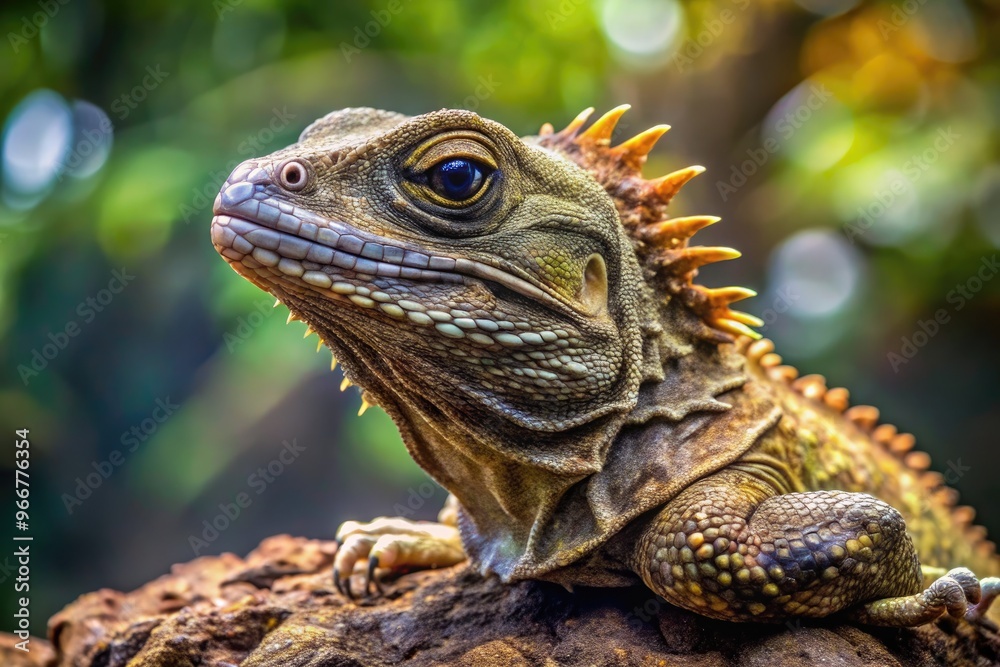 Obraz premium A rare and ancient species, the Sphenodon punctatus, also known as the tuatara, sits on a rock, showcasing its distinctive crest and spiky scales.