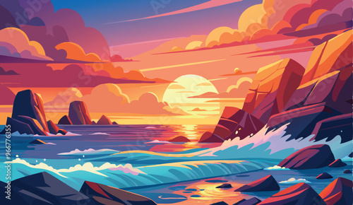 Vivid sunset over the ocean with waves crashing on rocks