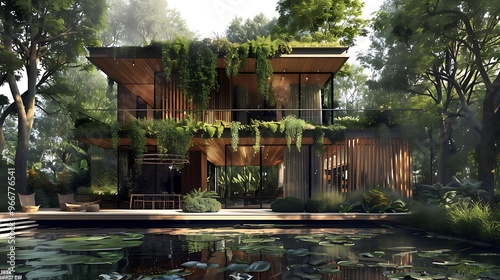 Modern house built in the middle of the forest with a pond and a lush garden.