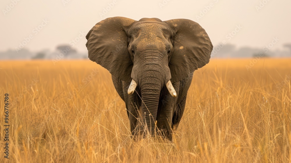 Fototapeta premium African elephant walking through tall grass.