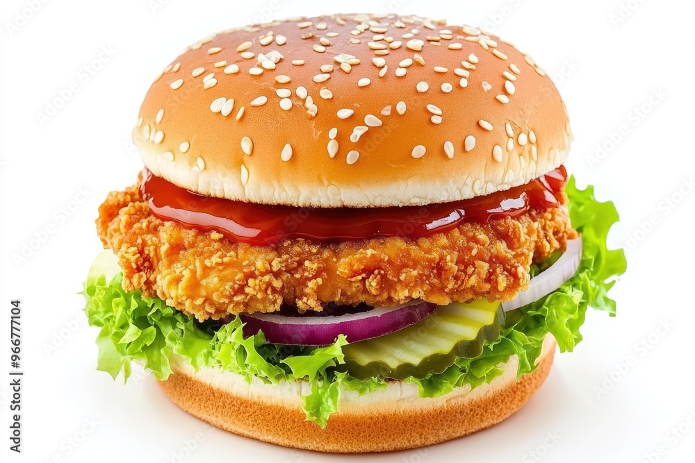 Delicious chicken burger, double burger with crispy chicken meat, salad and sauce isolated on white background , ai