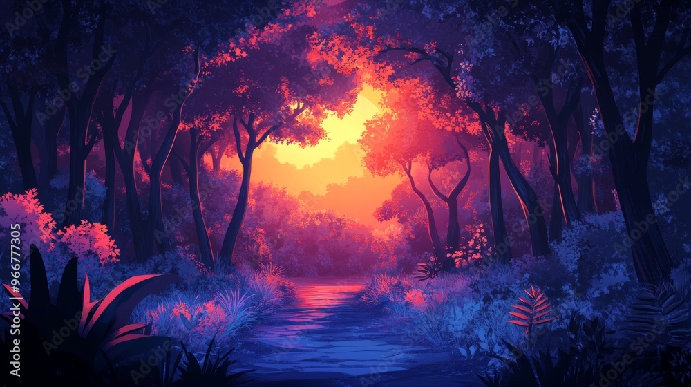 Obraz premium A Path Through a Forest Illuminated by a Sunset