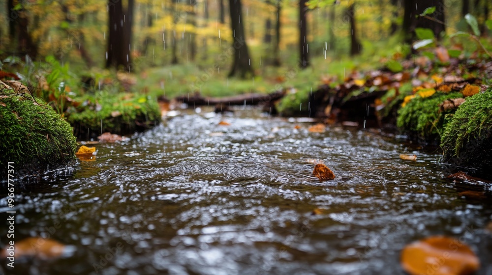 Autumn Leaves Floating on a Stream in a Rainy Forest Autumn Leaves Floating on a Stream in a Rainy Forest