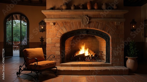 Spanish villa fireplace flames. Bright fire burns in a Mediterranean-style fireplace, with terracotta tiles, wrought iron accents, and vibrant colors. Inviting Spanish atmosphere. Realistic style. photo