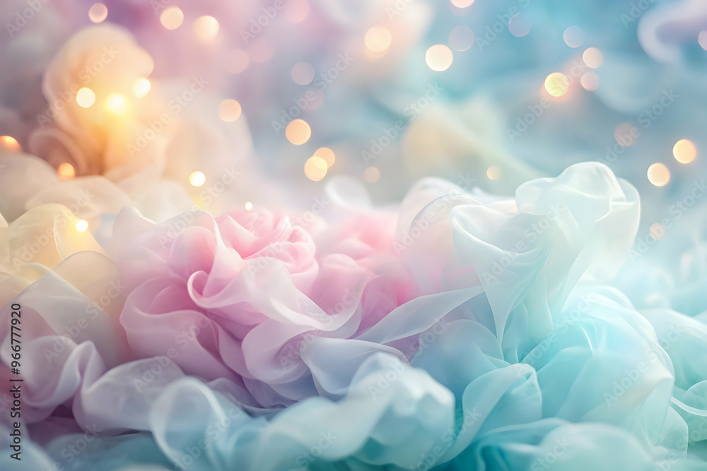 Dreamy Pastel Paradise: Soft, ethereal layers of pastel-colored fabric create a whimsical and magical background, illuminated by a sprinkle of golden bokeh lights. Dreamy Pastel Paradise: Soft, ethereal layers of pastel-colored fabric create a whimsical and magical background, illuminated by a sprinkle of golden bokeh lights.