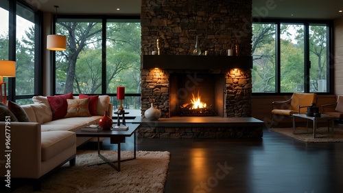 Eclectic fireplace flames. Fire burns in a fireplace surrounded by a mix of styles, colors, and patterns. Vibrant and artistic atmosphere that’s warm and inviting. Realistic style. photo