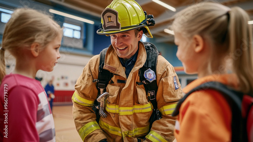 Smiling fireman in full gear talking to elementary school students